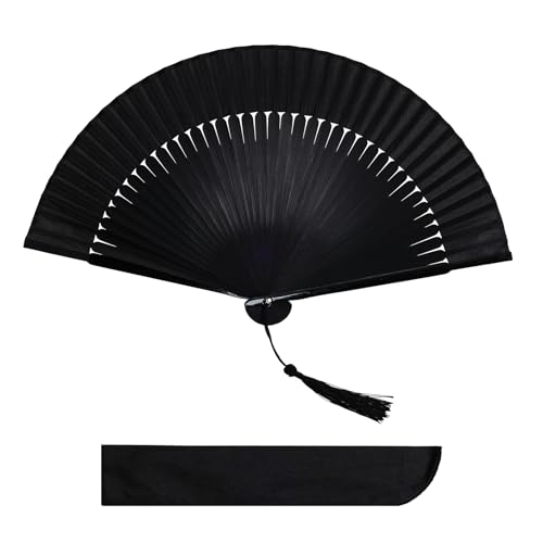 Fumwase Ventaglio pieghevole in bambù cinese, nero, vintage, in seta di bambù, per matrimoni, tea party, decorazione fai da te, danza (nero)