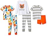 Amazon Essentials Boys' Snug-fit Cotton Pajamas Sleepwear Sets (Previously Spotted Zebra), Pack of 3, Orange/White/Grey, Meow/Stripe, 8