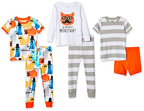 Amazon Essentials Boys' Snug-fit Cotton Pajamas Sleepwear Sets (Previously Spotted Zebra), Pack of 3, Orange/White/Grey, Meow/Stripe, 8