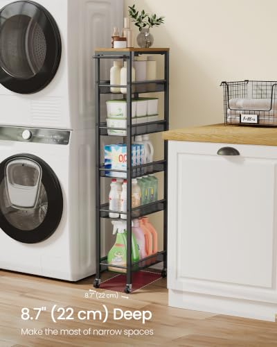 Image of VASAGLE 6-Tier Slim Rolling Storage Cart, Narrow Kitchen Cart with Wheels, Utility Organizer, 17.9 x 8.7 x 51.7 Inch, for Bathroom Pantry, Rustic Brown and Matte Black, Dacey Collection ULRC039K101