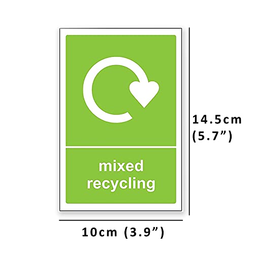 6 Self Adhesive Multi Recycling Bin Stickers, Waterproof Labels for Waste Bins, Food, Plastics, Mixed Paper and Card, Mixed Glass and General Waste 6 Decals, 150 x 100mm