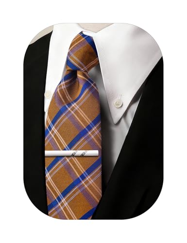 Image of Barry.Wang Plaid Ties Mens Silk Necktie and Tie Clip Checkered Tie for Wedding Party Business Formal
