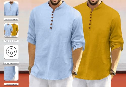 Image of Macsivo Men's Cotton Blend Kurta with Solid Band Collar Full Sleeve Button Closure Regular Fit Curved Hem Length | Kurta for Man | Combo Pack of 2