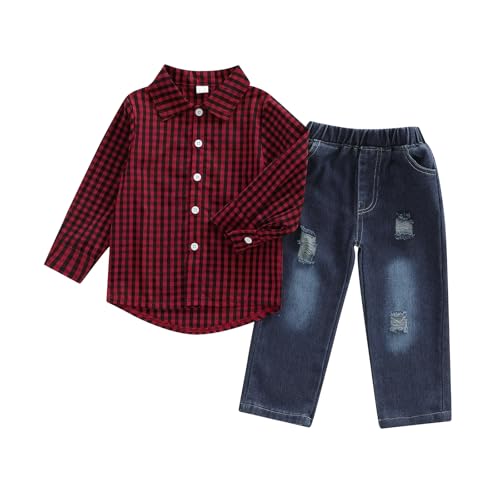 Flamosisi Littel Boys Fall Spring Gentleman Outfits Long Sleeve Lapel Neck Button-up Plaid Print T-Shirts With Elastic Ripped Denim Pants Toddler Boys Casual 2 Pieces Jeans Pants Set (Red, 3-4 Years)