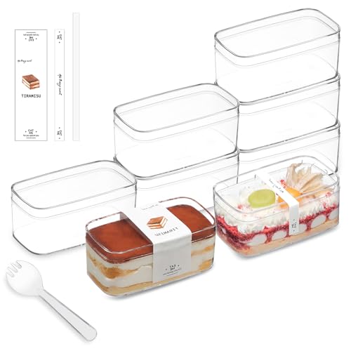 FZJ 20 Pack 10OZ Rectangle Clear Plastic Dessert Cups with Lids and Sporks&Stickers Disposable Fruit Cups for Dessert Tiramisu container with lid Cupcake Parfait Pudding Iced Cold Drinks Fruits
