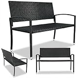 Clevich Wetterfest Gartenbank Rattan, 2 Sitzer Sitzbank mit Armlehnen, 320 kg Belastbar Terrassenbank, UV-beständig Balkon Bank für 2-3 Personen, für Innen- und Außenbereich, 122x62x90 cm, Schwarz