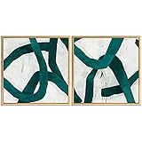 Gardenia Art Abstract Gold Framed Green Line Canvas Prints Wall Art Modern High Gloss Giclee Linen Designed Artwork Pictures Paintings for Office Living Room Bedroom 12x12 Inch 2 Panels Per Set