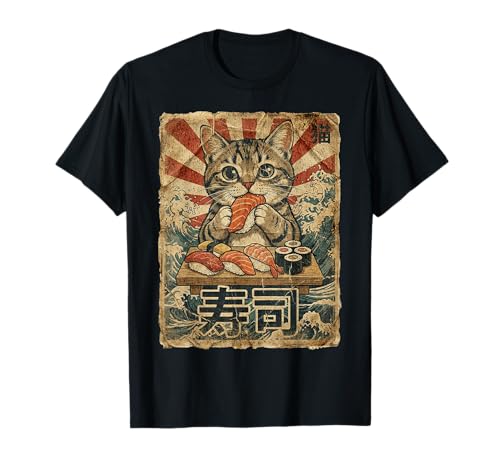 Hombres Mujeres Divertido Arte Japonés Estilo Vintage Gato Comer Sushi Camiseta