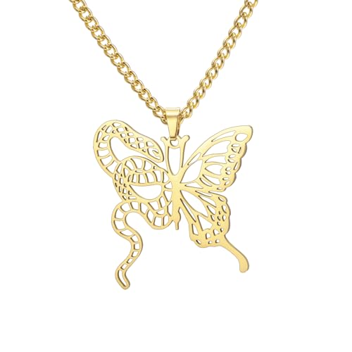kkjoy Collier de Papillon Serpent en Acier Inoxydable Pendentifs Unique à Double Symbolisme Bijoux pour Hommes Femmes (Or)