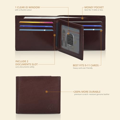 Image of Oak Leathers Leather Wallet for Men - RFID Bifold Wallets with 9 Credit Cards 1 ID Window Slim Minimalist Front Pocket Gift For Men