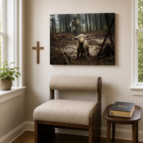 Image of GUN SUPPLIES OUTLET LLC Jesus and Lamb Canvas Wall Art Jesus Running After Lost Lamb Picture Wall Art Christian Home Decor 12x16 inch