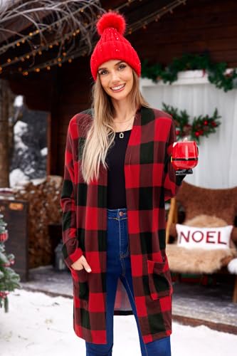 Christmas Womens Plaid Warm Long Sleeve Cardigan Kimono Casual Loose Open Front Outerwear Red 3XL