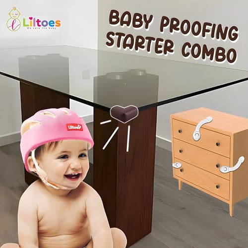 Image of Baby Safety Products Combo | LILTOES Baby Head Protector + Edge Guard + Cabinet Lock for Safety of Kids 6M to 3 Years | Baby Safety Helmet with Corner Guard Protection (Pink+Corner+Cabinet)