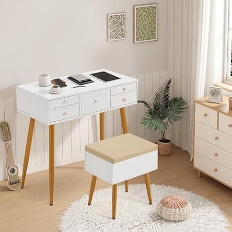 HOMHUM Computer Desk with 5 Drawers, 32 Inch White Work Desk with Storage Stool, Writing Desk for Small Space, Study Desk for Bedroom & Home Office, White & Gold Cover