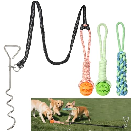Bungee Tether Tug Outdoor Dog Toy for Dogs, Dog Tug of War Toy with Stake, 2 Puzzle Balls, Cotton Stick Toys, Outdoor Interactive Dog Toys for Lawns &Trees, Tug of War Dog Toy for Multi-Pet Households
