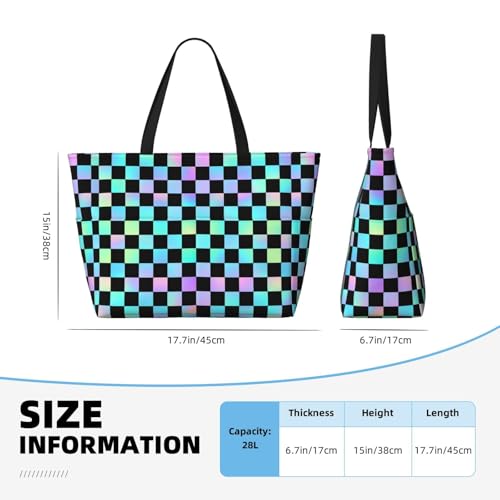 Large Beach Bags for Women Sandproof - Iridescent Checker Print Summer Work Travel Tote Bags with Zipper2
