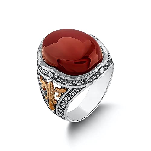 Yemen Agate (Aqeeq) Stone Carving Ottoman Style Sterling Silver Men's Ring