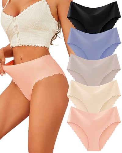 Image of FINETOO Seamless Underwear for Women High Waisted Panties Scalloped Edge Sexy Cheeky Bikini No Show Briefs S-XXL 5 Pack