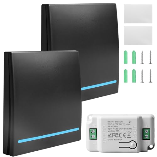 2 Stück 230V Lichtschalter Set, wifi+RF 433MHZ Funk Lichtschalter mit Empfänger, Drahtlos Schalter, Reichweite von 30M,Funk-Sender, 2 Schalter und 1 Empfänger