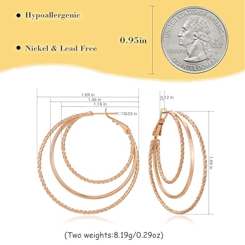 Triple Hoop Earrings for Women Champagne Gold Plated Hoops Smooth and Textured Wire Earring Lightweight Hypoallergenic Jewelry Gifts4