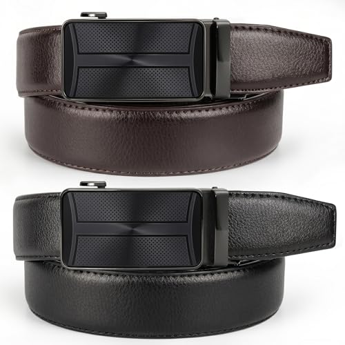 Image of Mens Ratchet Belts Leather-2 Packs,Adjustable Slide Belts For Gifts Men Dress and Casual 1 3 /8 inch,Cut for Perfect Fit