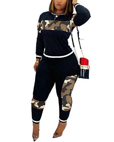 Women's Leopard Two Piece Outfits Casual Patchwork Bodycon Sweatsuit Tracksuit Top Pants Set with Pockets Grey Camo XL