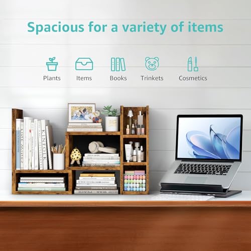Image of NUTIKAS Desk Shelves Desktop Organizer Shlef - Rustic Office Organization for Top of Desk Organizers and Accessories Corner Bookshelf Table Top Shelving Small Hutch Decorations for Office