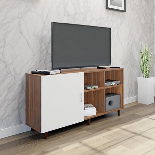 Image of VIKI Modern TV Unit for Living Room | Engineered Wood TV Cabinet with 1 Door Storage & 2 Open Shelves, Entertainment Unit, 140W x 74H x 40D cm | DIY | 1 Year Warranty (Walnut & White)