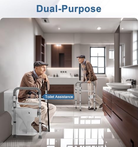 Toilet Safety Rails for Seniors, FSA HSA Eligible Adjustable Toilet Safety Frame with Handles for Elderly and Disabled, 350LBS Foldable Handicap Toilet Assistance Rail Fits Most Toilets, Gray