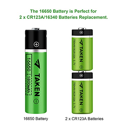 Taken 16650 Rechargeable Battery, 16650 Battery 1800Mah 3.7V Li-Ion Rechargeable Battery With Button Top For Flashlights Torches - 2 Pack #TOP2