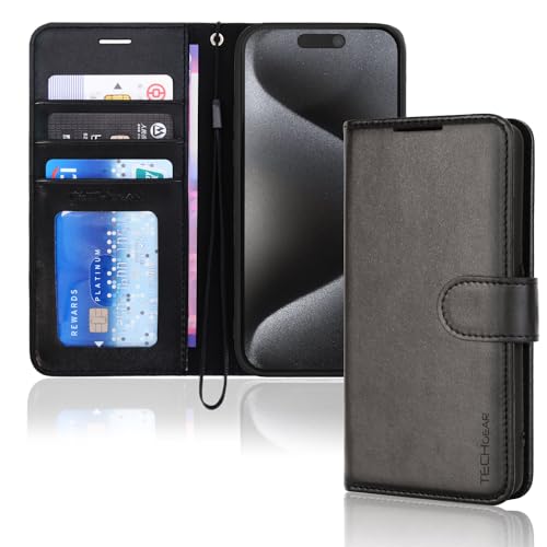 TECHGEAR iPhone 15 Pro Leather Wallet Case, Flip Protective Case Cover with Wallet Card Holder, Stand and Wrist Strap - Black PU Leather with Magnetic Closure Designed for iPhone 15 Pro 6.1