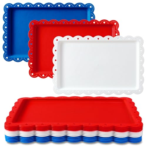 AnyDesign 12Pcs Patriotic Plastic Serving Tray Red Blue White Rectangle Serving Dish...