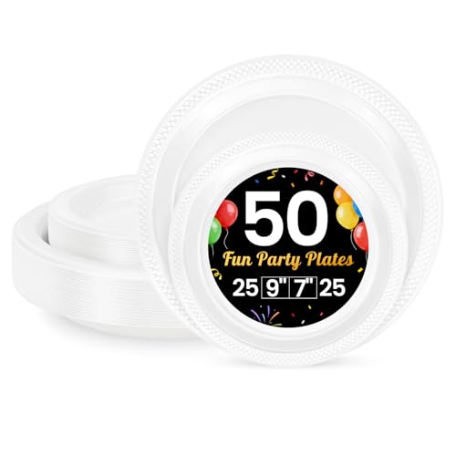 LANLISA White Plastic Plates For Party, 25-9" & 25-7"