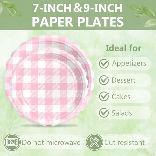 Image of 100 Pink Gingham Paper Plates&Napkins Disposable for Party, 25-9 inch&25-7 inch