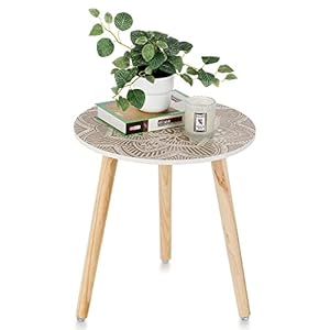 Hanobe Beistelltisch Rund Tisch Holz: Weiss Kleiner Balkon Beistelltische für Wohnzimmer mit 3 Holzbeine Weiß Klein Boho Couch Tische fürs Garten, 45 x 45cm
