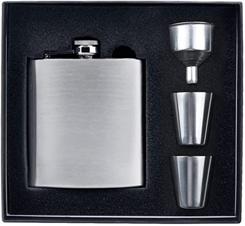 Edelstahl Flachmann , 8oz.227ml Whisky Flachmann Set Mit 2 Becher 1 Trichter Upscale Geschenk Set für Männer Geeignet Zum Tragen von Alkohol(Silber-) Cover