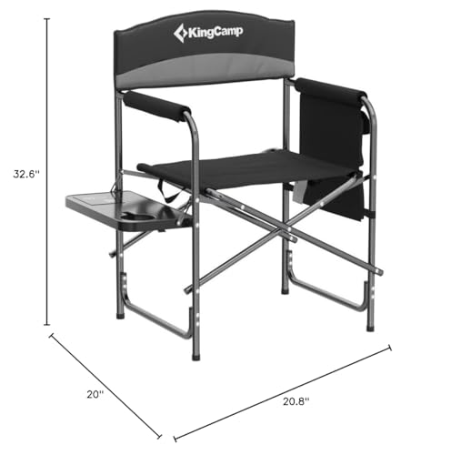 KingCamp Camping Directors Chair Outdoor Folding Lawn Chair for Outside Camp Portable Chair for Adults Heavy Duty with Side Table and Side Pockets Supports 400lbs(Black/Medium Grey)
