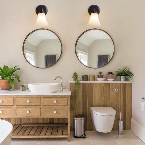 Image of LOUSACE 2 Pack 1-Light Bathroom Vanity Lights Black Vintage Bathroom Lighting Fixtures with Opal White Glass, Set of 2 Single Vanity Wall Sconces for Side Mirror Cabinet Stairs Kitchen Living Room