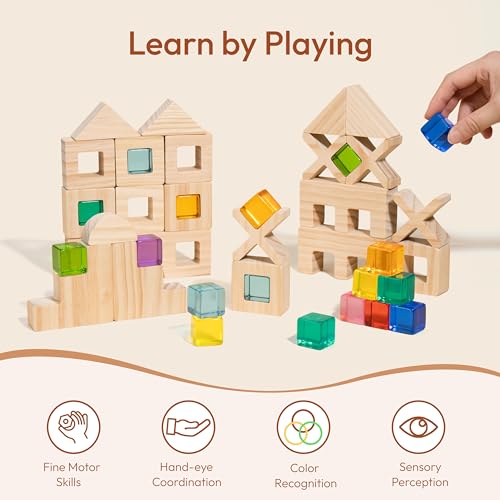 Image of Woodtoe 47 PCS Rainbow Blocks Set, Wooden Building Blocks for Kids Ages 3-6 | Montessori Stacking Blocks Toys, 25 Gem Blocks, 22 Wooden Blocks, Educational STEM Creative Birthday Toys Gifts for Boy Girl