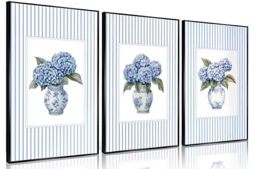 3Pcs Blue Hydrangea Chinoiserie Wall Art Blue and White Stripe Vase Wall Decor Pictures Trendy Preppy Aesthetics Floral Posters Prints for Dorm Apartment Woman Bedroom Decoration Unframed 12x16in