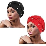 Urieo African Turban Headwrap Cap Twisted Braid Head Wrap Beaded Beanie Headscarf for Women Pack of