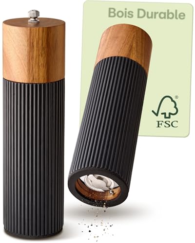 Praknu Moulin à Poivre et Sel Manuel – Bois d’Acacia FSC® – Design Élégant avec Mécanisme en Céramique – Réglable et Durable – Noir – Grand