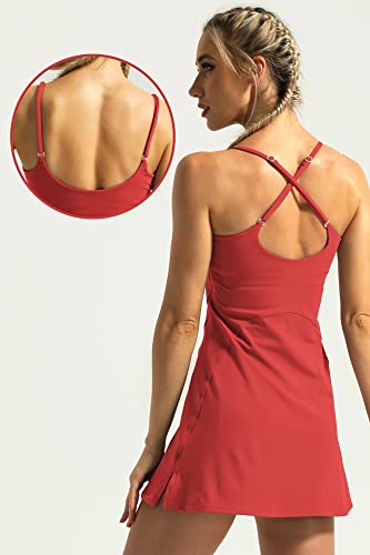 Womens Tennis Dress, Athletic Dress With Shorts Underneath & Built-In Bra Workout Golf Dresses With Adjustable Straps Tomato Red M #TOP2