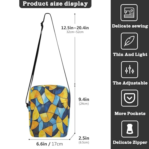 Yellow and Blue Geometric Pattern Stained Glass Style men's messenger bag Small Crossbody Bag For Women Cross Over Purse Adjustable Strap for School Shopping3