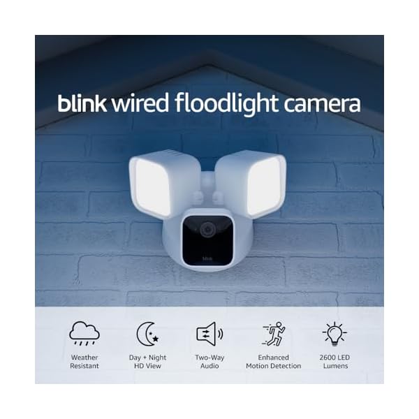Blink Wired Floodlight Camera – Smart security camera, 2600 lumens, HD live view, enhanced motion detection, built-in siren, Works with Alexa – 1 camera (White)