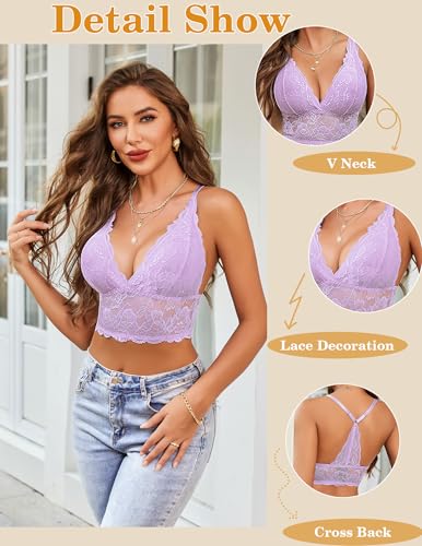 Avidlove Sutiã feminino de renda sem fio, gola V, costas nadadoras, top cropped ajustável, Roxo clar