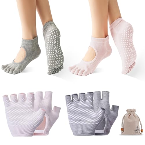 Image of 2 Pairs Non Slip Yoga Gloves Socks Set, Women Fingerless Gym Gloves and Pilates Socks for Fitness Exercise Yoga