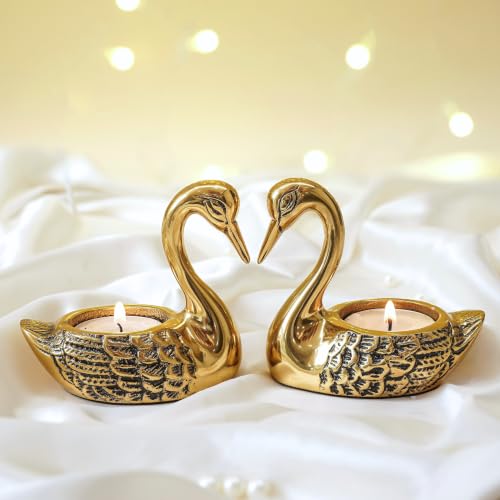 Image of BEHOMA Aluminium Pair of Love Swans with 2 Tea Lights, Golden | Decorative Romantic Showpiece for Home Decor Tabletop,Desktop, Cabinets|Festival Anniversary Wedding Birthday Couple Gift