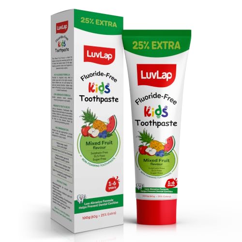 Image of LuvLap Baby Toothpaste for Kids 80gm + 25% Extra, Mix Fruit Flavour, SLS & Fluoride Free Baby Toothpaste, Removes Plaque, Prevents Bacteria & Cavities, Ensures Healthy Teeth & Gums, 12M+(Pack of 1)