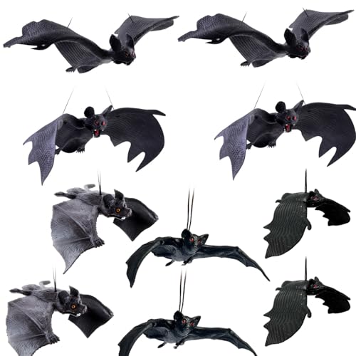 10Pcs Halloween Hanging Ornaments Realistic Bat Decorations Rubber Horror Bat Decor for Outdoor Indoor Hanging Vampire Flying Bats for Home Halloween Party Favors Haunted House